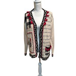Storybook Knits Cardigan Sweater Cream Black Red Rooster‎ Size Small Tassels